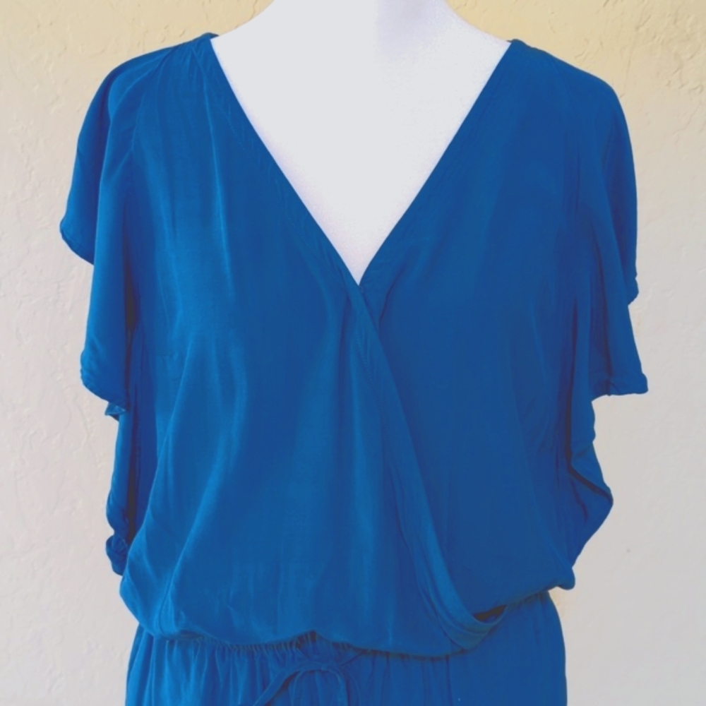 LOFT Vibrant Blue Flutter Sleeve Cinched Drawstring Waist Romper Size Medium - Picture 2 of 8